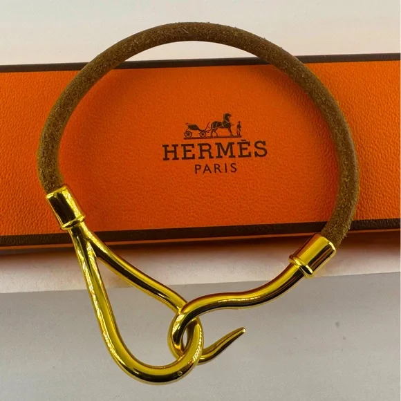 Hermès Suede Hook Bracelet Authentic Gold Plated Hermes Equestrian 1995 Vintage - Picture 11 of 12